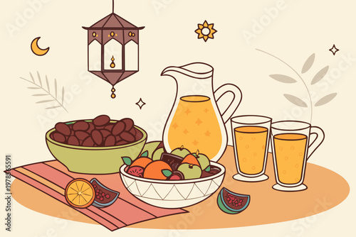 Traditional Iftar Table Setting with Dates Fruits and Juice.