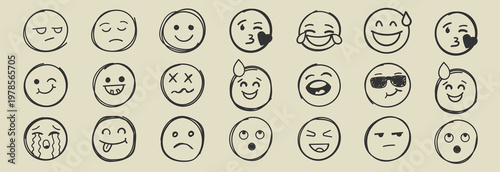 Face emoji icon set. Hand drawn doodle sketch style happy, angry, sad mood face emoticon background. Funny cartoon characters smile, wink, kiss emoji. Cute circle emotion element. Vector illustration