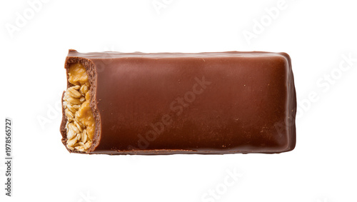 Chocolate covered granola bar with visible oats and caramel, isolated on transparent background