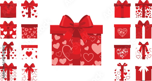 Red gift box set with bows hearts and ribbons for Valentine celebration romantic present collection vector illustration isolated on white background