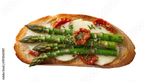 Toasted bread with melted mozzarella asparagus spears and sun-dried tomatoes, isolated on transparent background