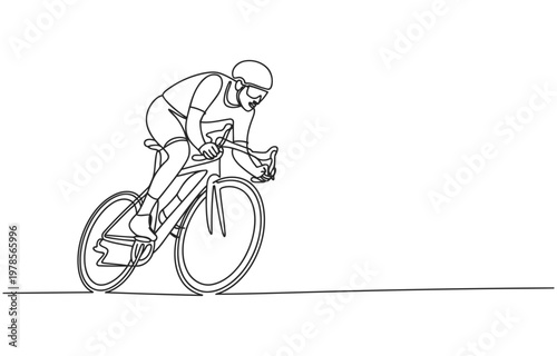 Single line drawing of a cyclist on a bike with white background line art illustration movement competition outdoors activity headwind concentration training exercise competitive athletic