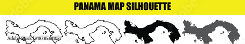 Panama map silhouette set, isolated white, outline, black, and dotted graphic.