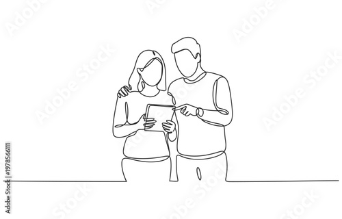 Man and woman staring at tablet screen with two people social media young adult white background together technology information connection horizontal illustration minimalist relationship
