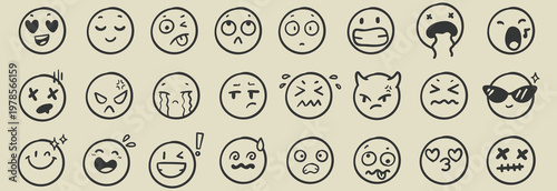 Face emoji icon set. Hand drawn doodle sketch style happy, angry, sad mood face emoticon background. Funny cartoon characters smile, wink, kiss emoji. Cute circle emotion element. Vector illustration