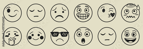 Face emoji icon set. Hand drawn doodle sketch style happy, angry, sad mood face emoticon background. Funny cartoon characters smile, wink, kiss emoji. Cute circle emotion element. Vector illustration