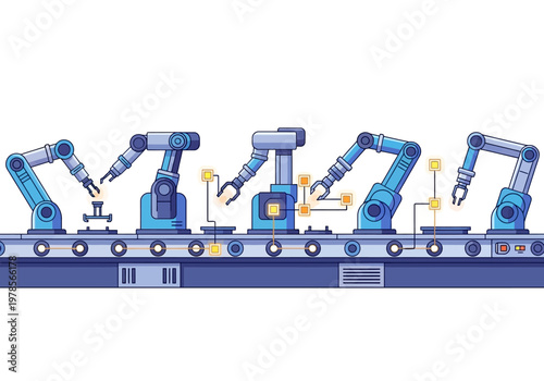 Industrial Robots on Assembly Line Production.