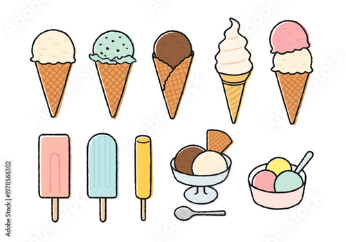 いろんなアイスの手描きイラストセット