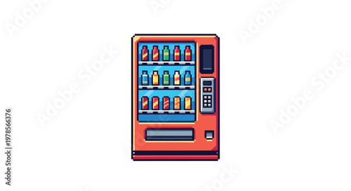 A retro-style orange vending machine with three rows of colorful bottled beverages and a digital control panel, presented as a clean vector graphic.
