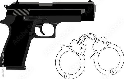 Black Handgun and Handcuffs Icon Set for Law Enforcement, Security, Crime Prevention, and Police Graphics
