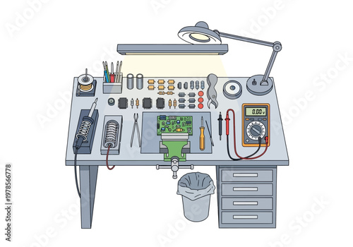 Workbench with Various Tools and Equipment.