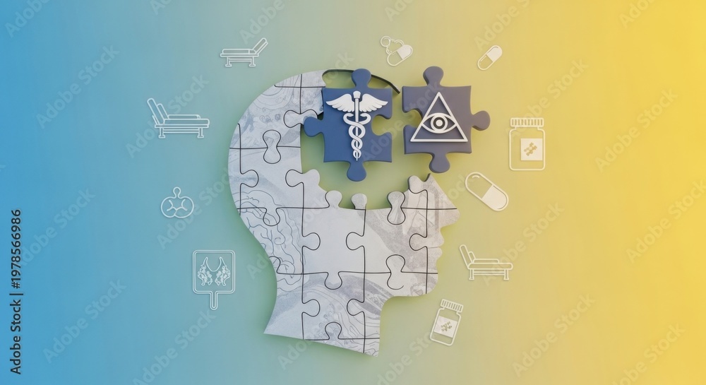 Fototapeta premium Human Brain Puzzle with Medical Symbols