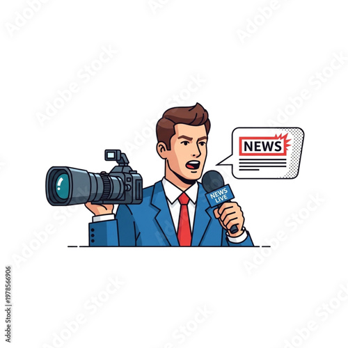 A cartoon illustration of a news reporter holding a microphone and camera