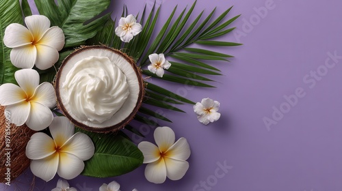 minimalist banner with coconut and coconut cream, tropical elements on purple background, skincare spa layout with copy space for website