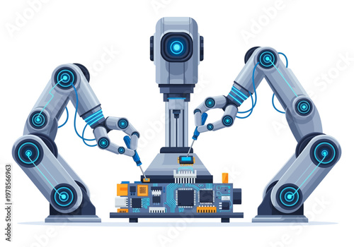 Industrial Robot Arms Assembling Machinery.