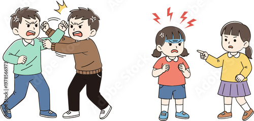 Cartoon Children Arguing and Fighting with Angry Expressions, Vector Illustration for Conflict and Disagreement Scenes