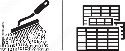 A brush sweeps binary code into organized database tables.