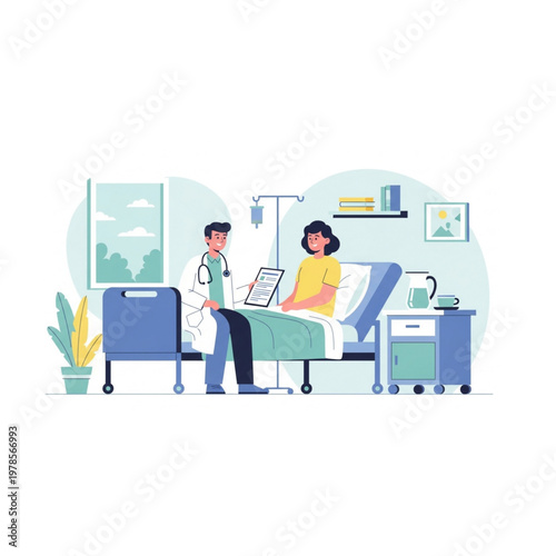 A doctor and patient in a hospital room with a bed and medical equipment