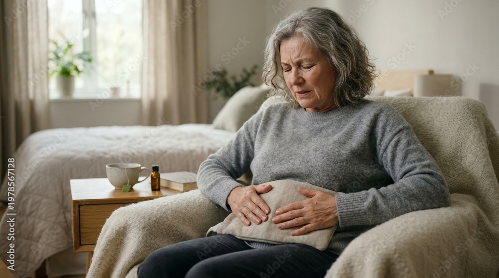 Fototapeta premium Caring for comfort older woman relieves abdominal cramps at home lifestyle image soft lighting intimate perspective