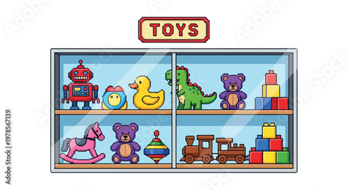 This vector art displays a colorful toy shelf featuring a red robot, rubber duck, green dinosaur, purple teddy bears, a rocking horse, and a toy train.