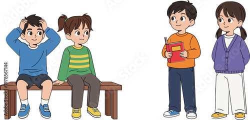 Cartoon Children Social Interaction Scene with Kids Sitting on Bench and Standing with Book, Expressing Emotions, Friendship, Communication, and School Life Concept Illustration