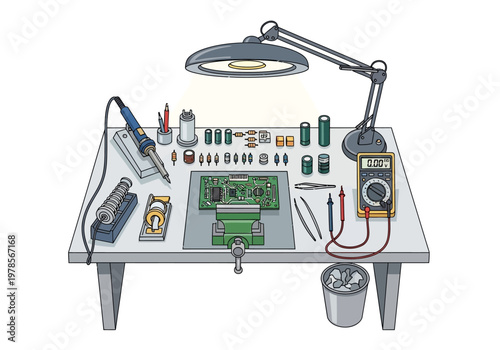 Electronics Workbench with Tools and Components.