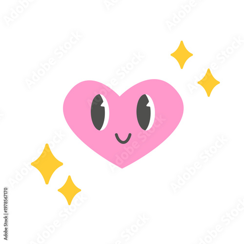 Cute flat-style vector illustration of a pink heart with a smiling face and sparkles. Playful kawaii aesthetic ideal for icons, stickers, greeting cards, and children's products.