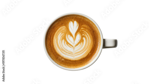 Top view of a creamy latte with intricate foam art, isolated on transparent background