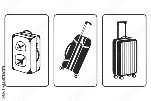 A set of three minimalist luggage icons in black and white, featuring a suitcase, a rolling bag, and a travel trunk.