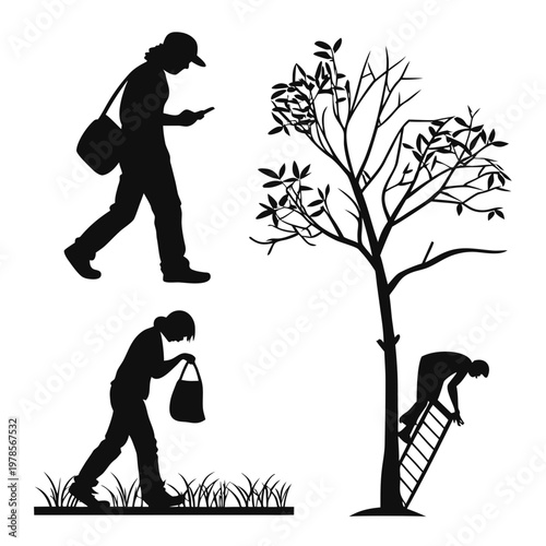 A black silhouette illustration of people engaging in various activities around a tree with a ladder