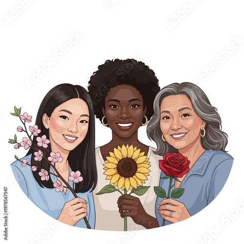 Diverse women holding flowers smiling together in unity