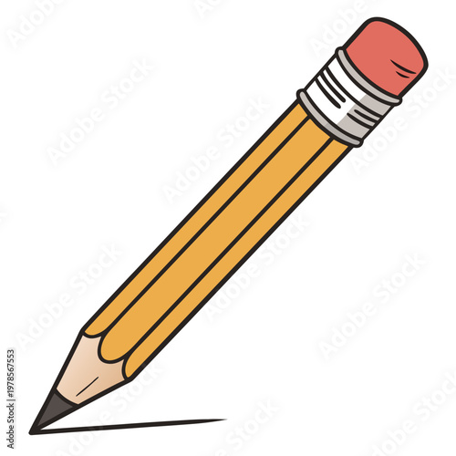 A colorful cartoon illustration of a pencil with a red eraser on a white background