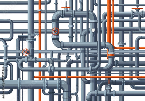 Complex Network of Industrial Pipes and Fittings.