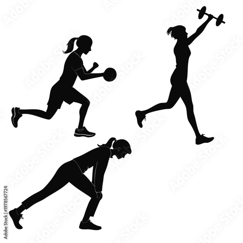 A set of black silhouettes depicting a woman engaging in various fitness exercises with dumbbells and a medicine ball