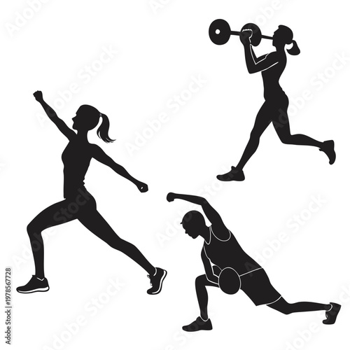 A set of black silhouettes depicting people engaging in various fitness exercises with dumbbells