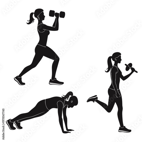 A set of black silhouette illustrations of a woman engaging in various fitness exercises with dumbbells