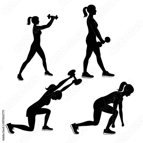 A vector graphic illustration of a woman performing various exercises with dumbbells in a minimalist flat design style