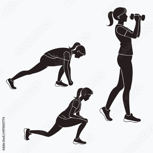 A vector graphic illustration of a woman engaging in various fitness exercises with dumbbells