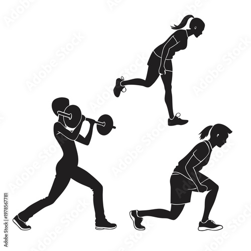 A set of black silhouette illustrations of women engaging in various fitness exercises with a minimalist design
