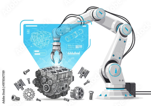 Robotic Arm Assembling Engine Parts.
