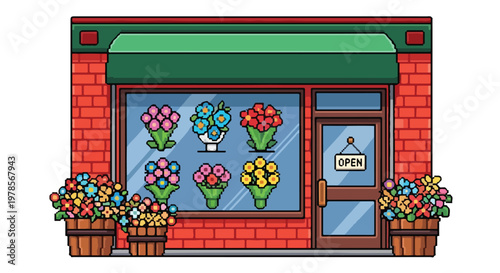 This vibrant pixel art vector features a cozy flower shop with a red brick facade, a green awning, and beautiful floral displays.