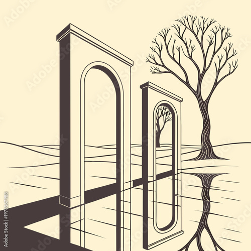 A minimalist vector illustration of two archways and a bare tree in a simple landscape