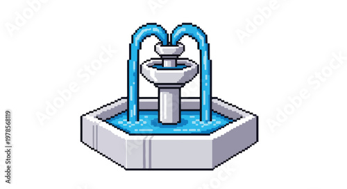 A pixel art vector of a classic three-tiered stone fountain with flowing blue water, set against a plain white background.