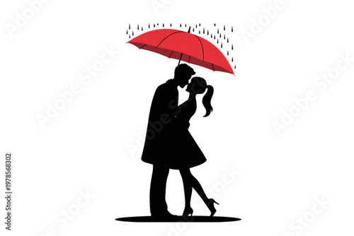 Couple sharing a romantic moment under a red umbrella in the rain Vector