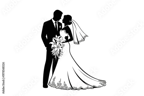 Couple in wedding attire sharing an intimate moment together Vector