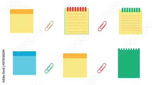 Colorful Notes: A collection of vibrant sticky notes and paper clips, ready for organizing ideas and jotting down thoughts.
