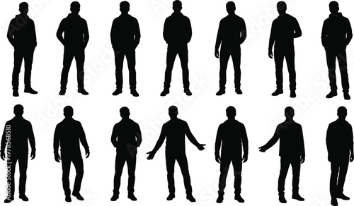 Black silhouettes of fourteen standing human figures in casual postures and gestures, symbolizing lifestyle diversity, human body poses, design elements, and motion illustration.