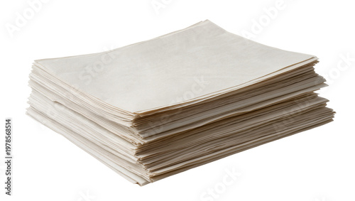 Fotografie Stack of thin beige paper sheets, isolated on transparent background