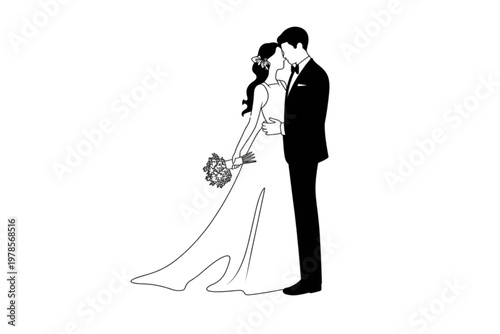 A newlywed couple sharing an intimate moment in wedding attire Vector