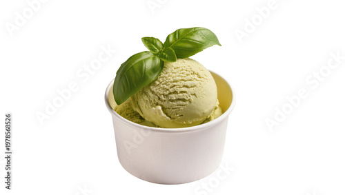 Scoop of pale green ice cream with basil leaves, isolated on transparent background